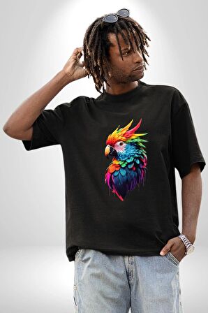 Renkli Amerikan Papağanı Pamuklu Bisiklet Yaka Kadın Erkek Oversize Boyfriend Dijital Baskılı Siyah T-shirt