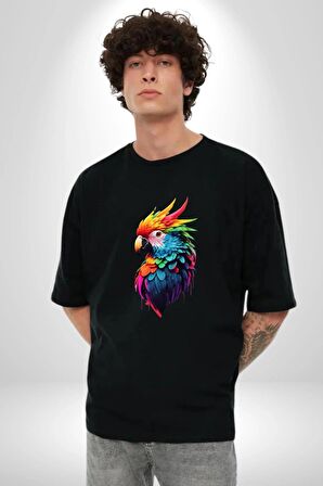 Renkli Amerikan Papağanı Pamuklu Bisiklet Yaka Kadın Erkek Oversize Boyfriend Dijital Baskılı Siyah T-shirt