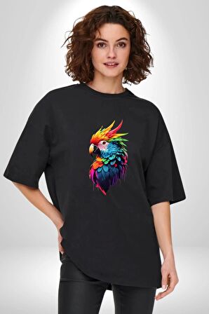Renkli Amerikan Papağanı Pamuklu Bisiklet Yaka Kadın Erkek Oversize Boyfriend Dijital Baskılı Siyah T-shirt