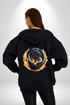 Ejderha Ateşli Top Kadın Erkek Siyah Renk Kapüşonlu Kanguru Cepli  Fermuarlı Pamuklu Oversize Dijital Baskılı Hırka Sweatshirt
