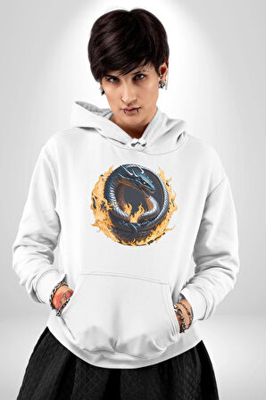 Ejderha Ateşli Top Kadın Erkek  Beyaz Kapüşonlu Sweatshirt Hoodie