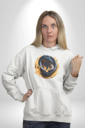 Ejderha Ateşli Top Kadın Erkek  Beyaz Kapüşonlu Sweatshirt Hoodie
