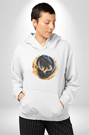 Ejderha Ateşli Top Kadın Erkek  Beyaz Kapüşonlu Sweatshirt Hoodie