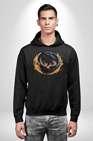 Ejderha Ateşli Top Kadın Erkek  Siyah Kapüşonlu Sweatshirt Hoodie