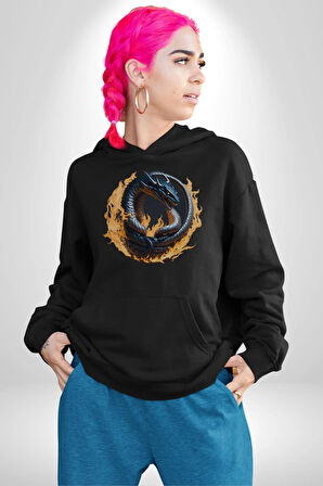 Ejderha Ateşli Top Kadın Erkek  Siyah Kapüşonlu Sweatshirt Hoodie
