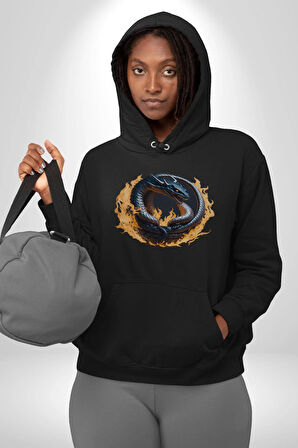 Ejderha Ateşli Top Kadın Erkek  Siyah Kapüşonlu Sweatshirt Hoodie