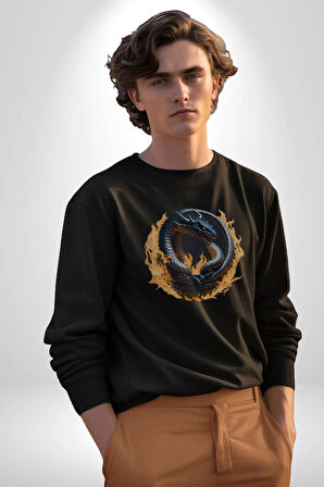 Ejderha Ateşli Top Kadın Erkek  Siyah Baskılı Sweatshirt 
