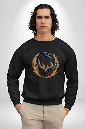 Ejderha Ateşli Top Kadın Erkek  Siyah Baskılı Sweatshirt 