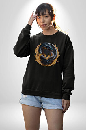 Ejderha Ateşli Top Kadın Erkek  Siyah Baskılı Sweatshirt 