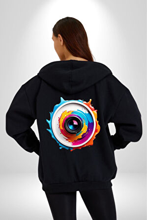 Fotoğraf Makinesi Camera Lens  Kadın Erkek Siyah Renk Kapüşonlu Kanguru Cepli  Fermuarlı Pamuklu Oversize Dijital Baskılı Hırka Sweatshirt