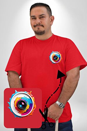 Fotoğraf Makinesi Camera Lens  Kırmızı Büyük Beden Kadın Basic Minimal Baskılı Tişört