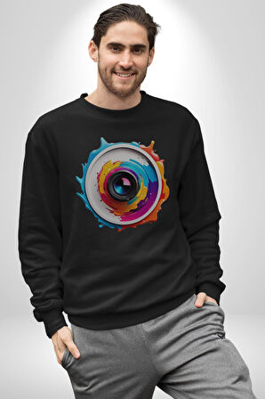 Fotoğraf Makinesi Camera Lens  Kadın Erkek  Siyah Baskılı Sweatshirt 