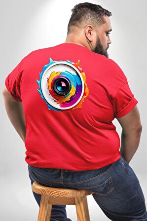 Fotoğraf Makinesi Camera Lens  Büyük Beden Kırmızı Tişört Kadın Erkek Ünisex Sırt Baskılı