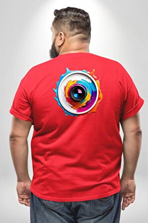 Fotoğraf Makinesi Camera Lens  Büyük Beden Kırmızı Tişört Kadın Erkek Ünisex Sırt Baskılı