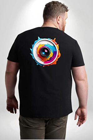 Fotoğraf Makinesi Camera Lens  Büyük Beden Siyah Tişört Kadın Erkek Ünisex Sırt Baskılı