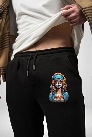Hippie Cesur Stil Dövmeli Kız  Pamuklu 3 İplik Siyah Eşofman Altı Erkek Oversize Kesim Dijital Baskılı