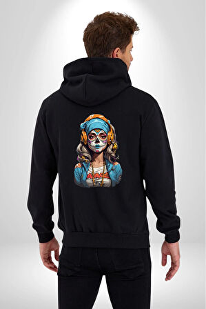 Hippie Cesur Stil Dövmeli Kız  Kadın Erkek Siyah Renk Kapüşonlu Kanguru Cepli  Fermuarlı Pamuklu Oversize Dijital Baskılı Hırka Sweatshirt