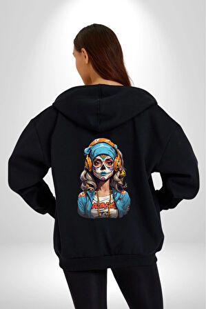 Hippie Cesur Stil Dövmeli Kız  Kadın Erkek Siyah Renk Kapüşonlu Kanguru Cepli  Fermuarlı Pamuklu Oversize Dijital Baskılı Hırka Sweatshirt