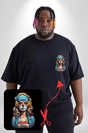 Hippie Cesur Stil Dövmeli Kız  Siyah Büyük Beden Kadın Basic Minimal Baskılı Tişört
