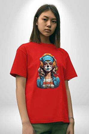 Hippie Cesur Stil Dövmeli Kız  Pamuklu Bisiklet Yaka Kadın Erkek Oversize Boyfriend Dijital Baskılı Kırmızı T-Shirt
