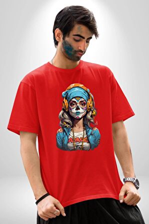 Hippie Cesur Stil Dövmeli Kız  Pamuklu Bisiklet Yaka Kadın Erkek Oversize Boyfriend Dijital Baskılı Kırmızı T-Shirt