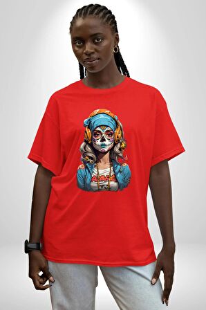 Hippie Cesur Stil Dövmeli Kız  Pamuklu Bisiklet Yaka Kadın Erkek Oversize Boyfriend Dijital Baskılı Kırmızı T-Shirt