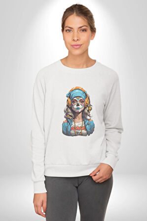 Hippie Cesur Stil Dövmeli Kız  Kadın Erkek  Beyaz Baskılı Sweatshirt 