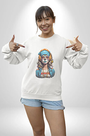 Hippie Cesur Stil Dövmeli Kız  Kadın Erkek  Beyaz Baskılı Sweatshirt 