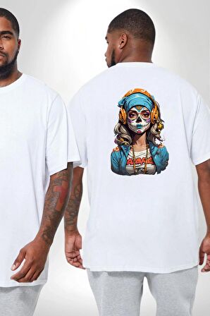Hippie Cesur Stil Dövmeli Kız  Büyük Beden Beyaz Tişört Kadın Erkek Ünisex Sırt Baskılı