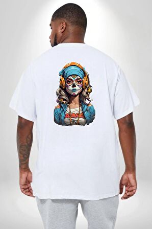 Hippie Cesur Stil Dövmeli Kız  Büyük Beden Beyaz Tişört Kadın Erkek Ünisex Sırt Baskılı