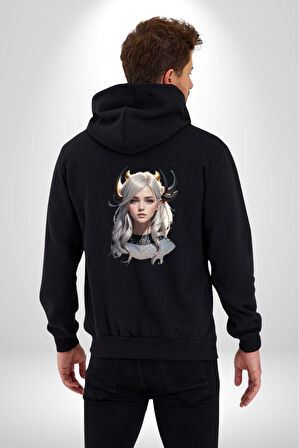 Koç  Kadın Savaşcı Kadın Erkek Siyah Renk Kapüşonlu Kanguru Cepli  Fermuarlı Pamuklu Oversize Dijital Baskılı Hırka Sweatshirt