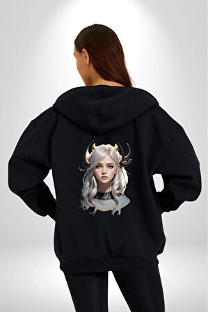 Koç  Kadın Savaşcı Kadın Erkek Siyah Renk Kapüşonlu Kanguru Cepli  Fermuarlı Pamuklu Oversize Dijital Baskılı Hırka Sweatshirt