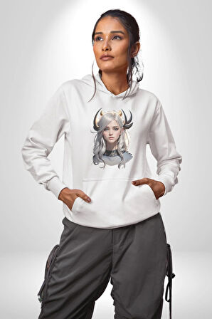 Koç Kadın Savaşcı Kadın Erkek  Beyaz Kapüşonlu Sweatshirt Hoodie