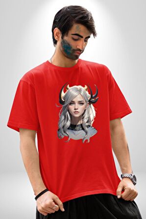Koç Kadın Savaşcı Pamuklu Bisiklet Yaka Kadın Erkek Oversize Boyfriend Dijital Baskılı Kırmızı T-Shirt