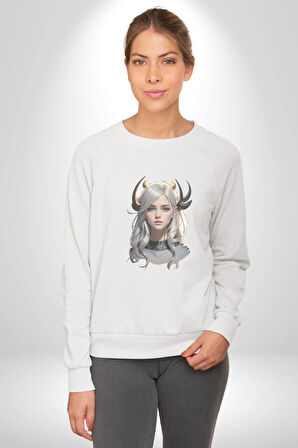 Koç Kadın Savaşcı Kadın Erkek  Beyaz Baskılı Sweatshirt 