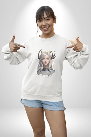 Koç Kadın Savaşcı Kadın Erkek  Beyaz Baskılı Sweatshirt 