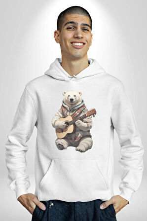 Kutup Ayısı Gitar Polar Çeket Kadın Erkek  Beyaz Kapüşonlu Sweatshirt Hoodie