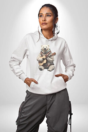 Kutup Ayısı Gitar Polar Çeket Kadın Erkek  Beyaz Kapüşonlu Sweatshirt Hoodie