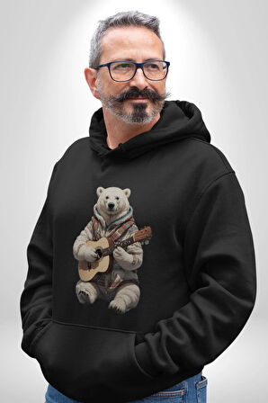 Kutup Ayısı Gitar Polar Çeket Kadın Erkek  Siyah Kapüşonlu Sweatshirt Hoodie