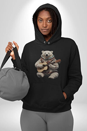 Kutup Ayısı Gitar Polar Çeket Kadın Erkek  Siyah Kapüşonlu Sweatshirt Hoodie
