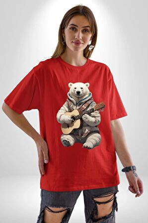 Kutup Ayısı Gitar Polar Çeket Pamuklu Bisiklet Yaka Kadın Erkek Oversize Boyfriend Dijital Baskılı Kırmızı T-Shirt