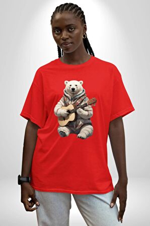 Kutup Ayısı Gitar Polar Çeket Pamuklu Bisiklet Yaka Kadın Erkek Oversize Boyfriend Dijital Baskılı Kırmızı T-Shirt