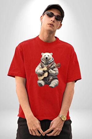 Kutup Ayısı Gitar Polar Çeket Pamuklu Bisiklet Yaka Kadın Erkek Oversize Boyfriend Dijital Baskılı Kırmızı T-Shirt