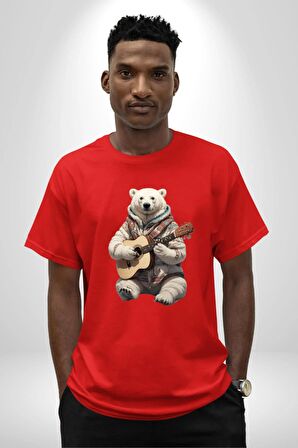 Kutup Ayısı Gitar Polar Çeket Pamuklu Bisiklet Yaka Kadın Erkek Oversize Boyfriend Dijital Baskılı Kırmızı T-Shirt