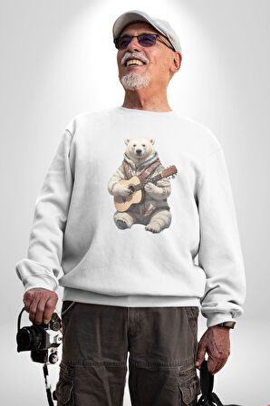 Kutup Ayısı Gitar Polar Çeket Kadın Erkek  Beyaz Baskılı Sweatshirt 