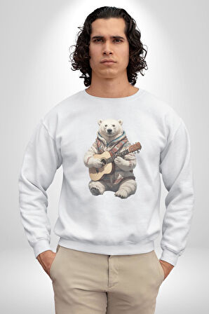 Kutup Ayısı Gitar Polar Çeket Kadın Erkek  Beyaz Baskılı Sweatshirt 