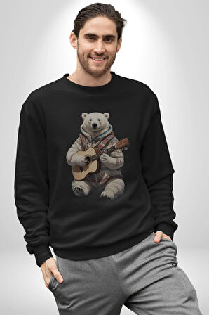 Kutup Ayısı Gitar Polar Çeket Kadın Erkek  Siyah Baskılı Sweatshirt 