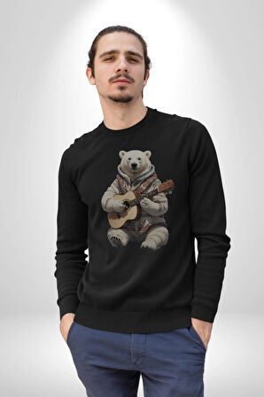 Kutup Ayısı Gitar Polar Çeket Kadın Erkek  Siyah Baskılı Sweatshirt 