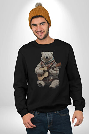 Kutup Ayısı Gitar Polar Çeket Kadın Erkek  Siyah Baskılı Sweatshirt 