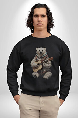 Kutup Ayısı Gitar Polar Çeket Kadın Erkek  Siyah Baskılı Sweatshirt 